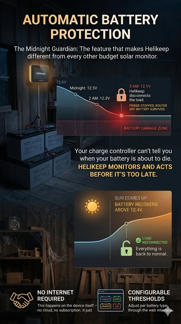 Automatic Battery Protection diagram showing how Helikeep disconnects the load at 12.1V and reconnects at 12.4V to protect your battery overnight